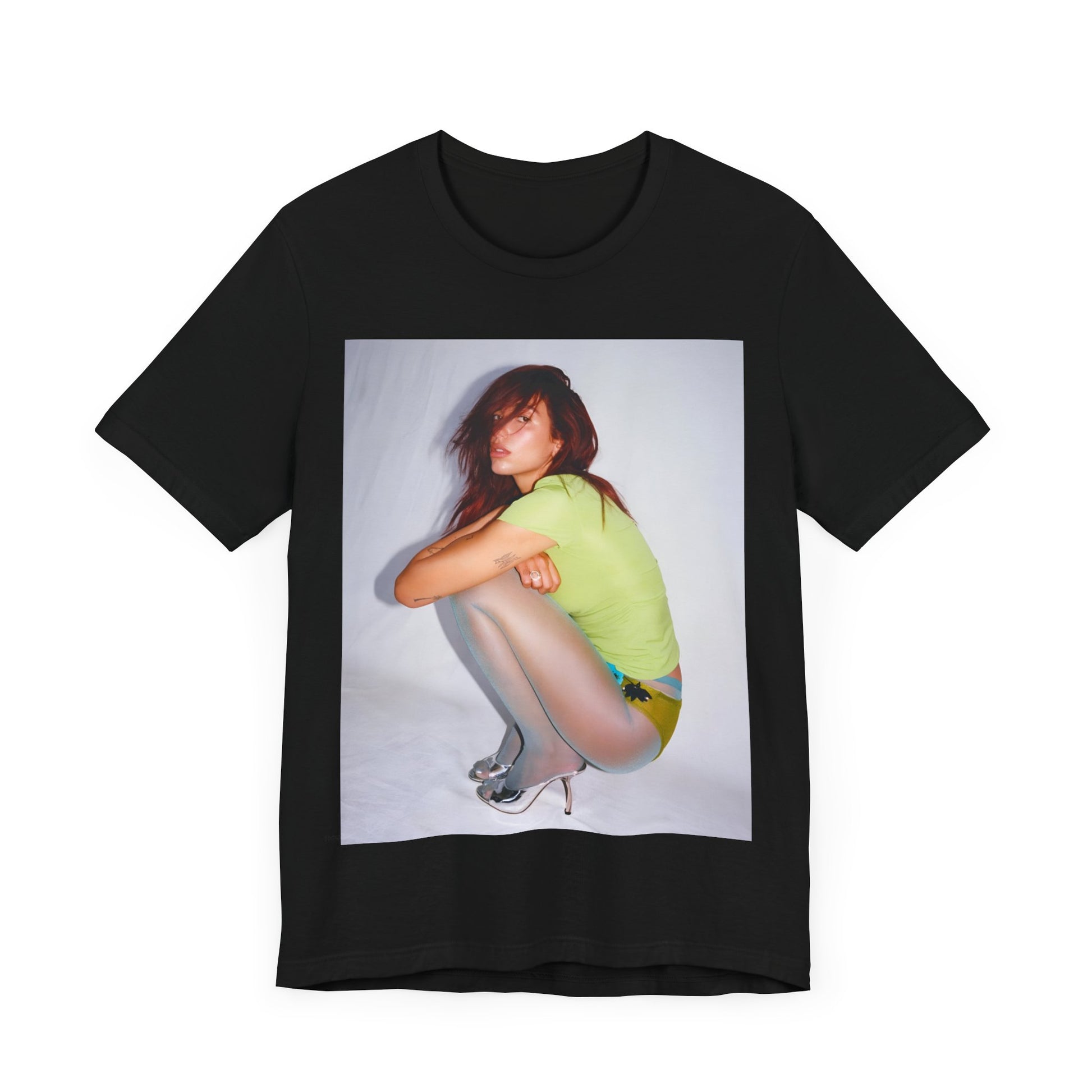 A black graphic t-shirt featuring a graphic inspired by Dua Lipa's 'Houdini' song.