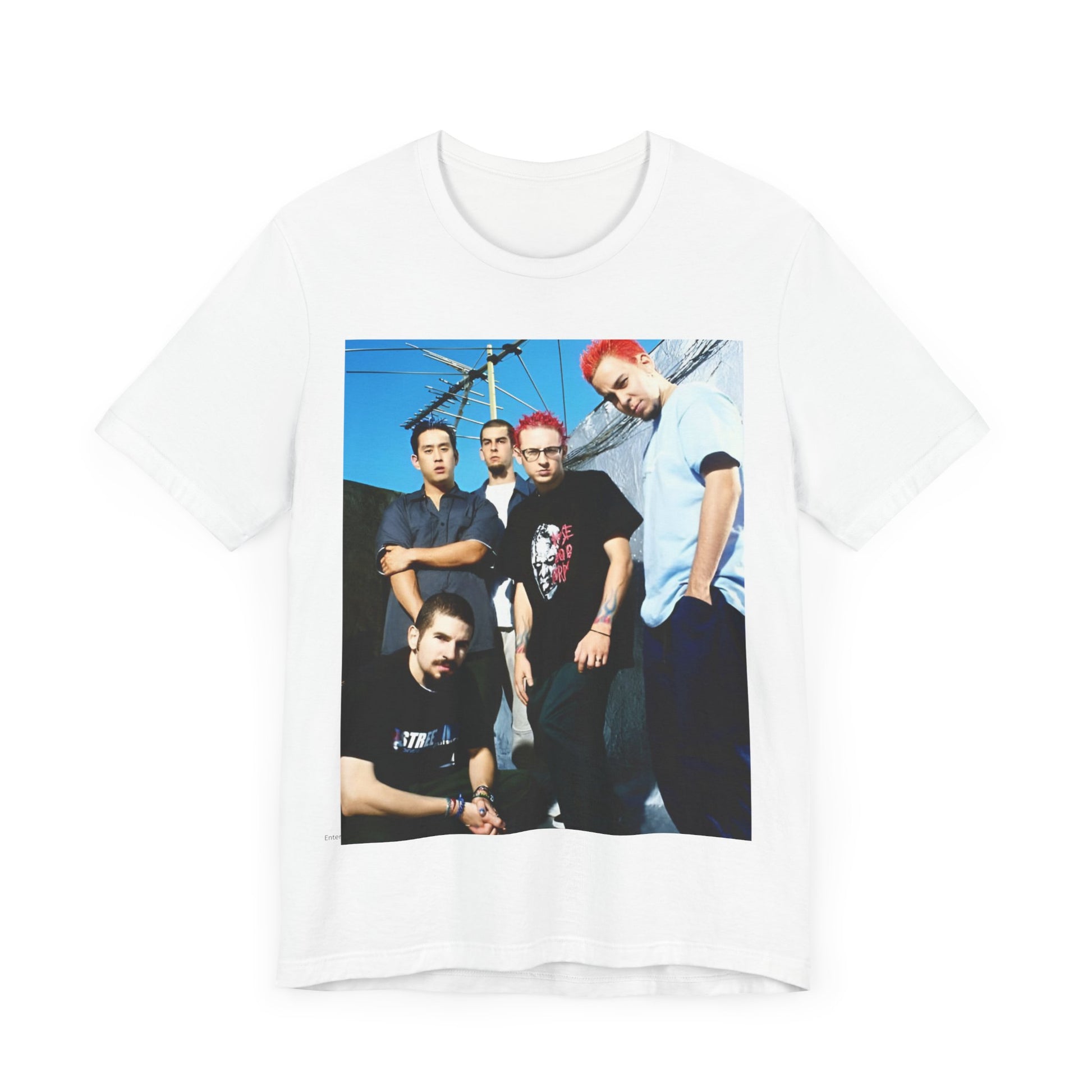 A black graphic t-shirt featuring a graphic of Linkin Park as a global nu rock phenomenon.