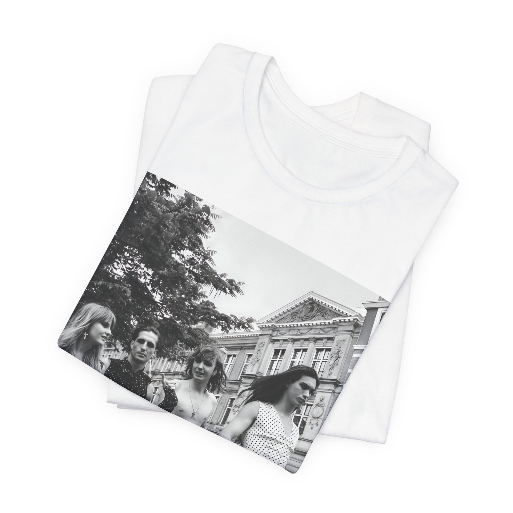A black graphic t-shirt featuring a retro black and white monochrome graphic or photo of Maneskin.
