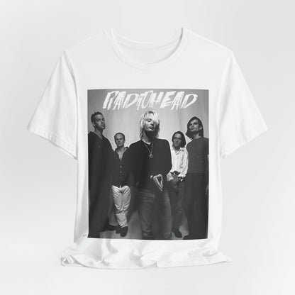 A black graphic t-shirt featuring a retro graphic related to Radiohead's 'OK Computer' album era.