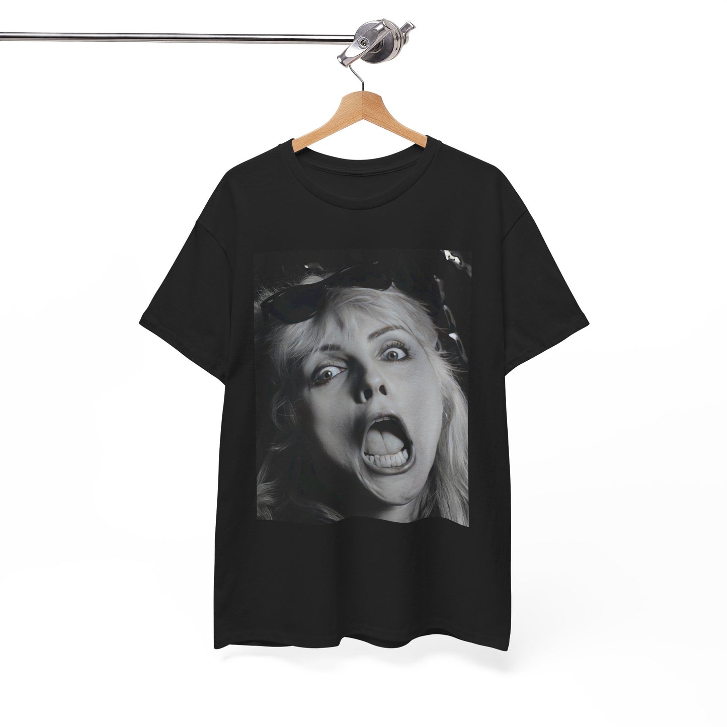 A black graphic t-shirt featuring a retro pop-style graphic of Debbie Harry from Blondie.