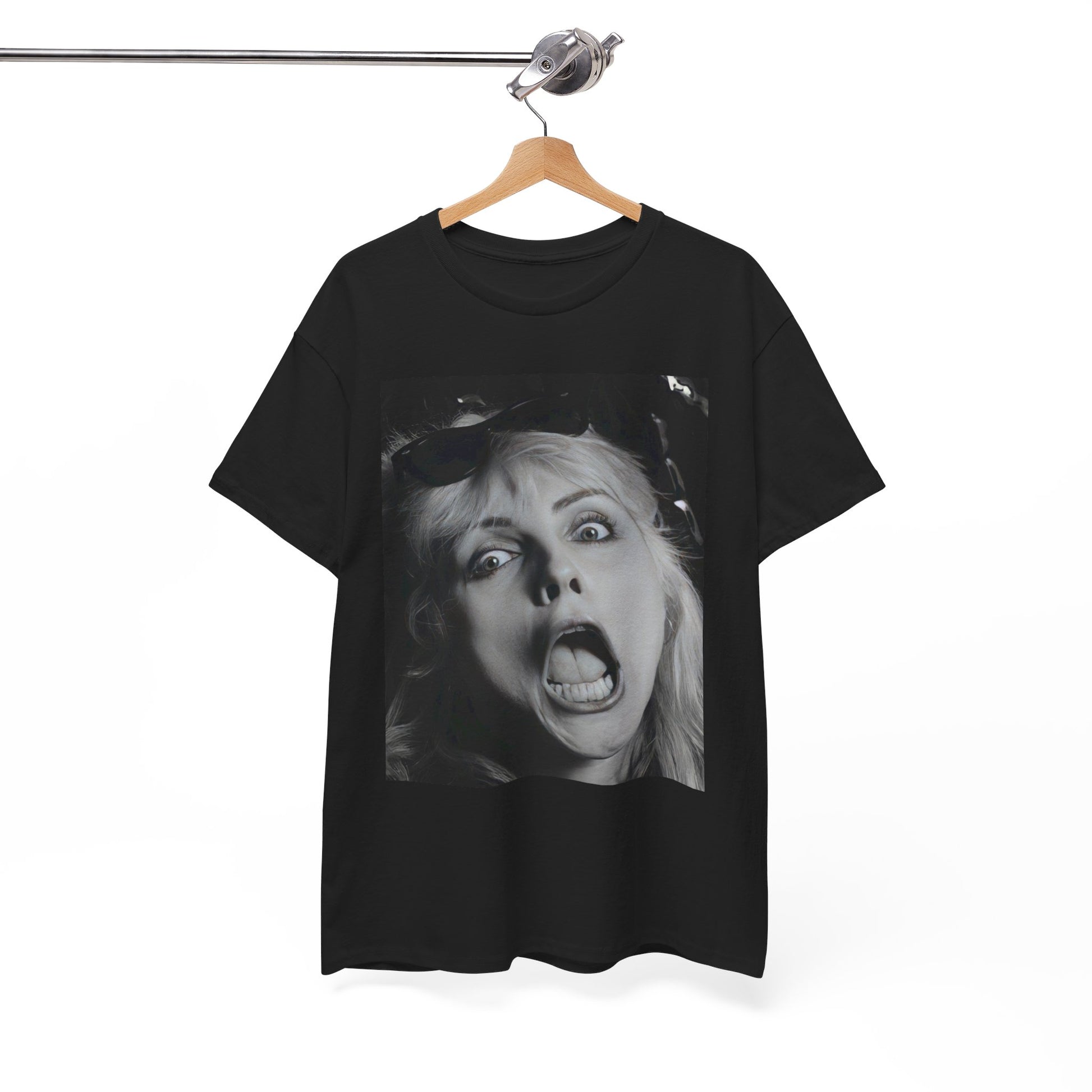 A black graphic t-shirt featuring a retro pop-style graphic of Debbie Harry from Blondie.