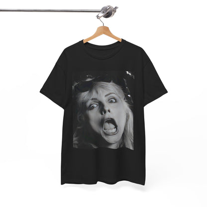 A black graphic t-shirt featuring a retro pop-style graphic of Debbie Harry from Blondie.