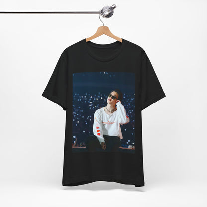 A black graphic t-shirt featuring a vintage aesthetic graphic related to Jimin's 'Lie' era.