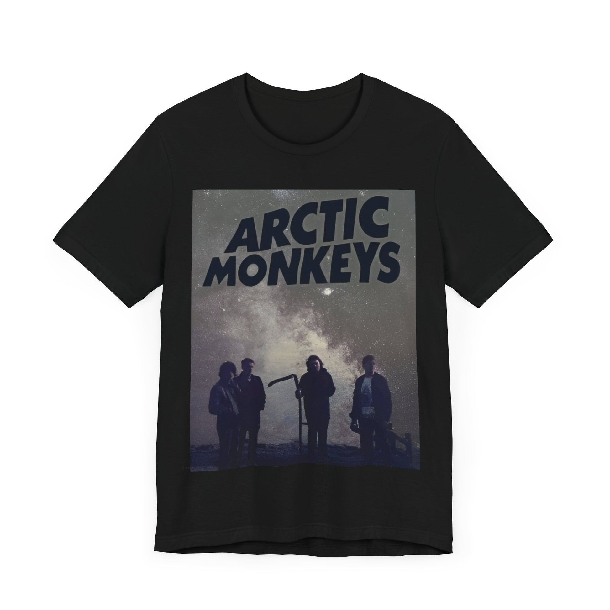 A black graphic t-shirt featuring an artistic or aesthetic graphic of the Arctic Monkeys band.
