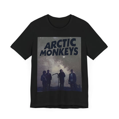 A black graphic t-shirt featuring an artistic or aesthetic graphic of the Arctic Monkeys band.