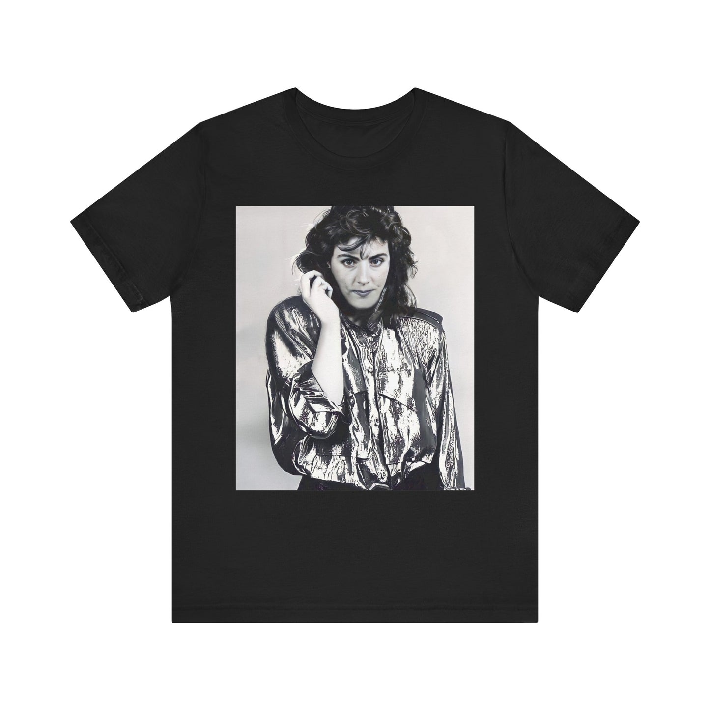 A black graphic t-shirt featuring a retro graphic related to Laura Branigan's 'Gloria' song or era.