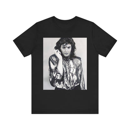 A black graphic t-shirt featuring a retro graphic related to Laura Branigan's 'Gloria' song or era.