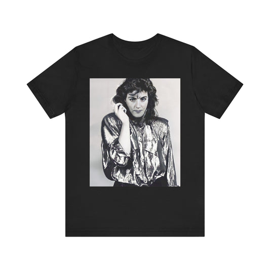A black graphic t-shirt featuring a retro graphic related to Laura Branigan's 'Gloria' song or era.