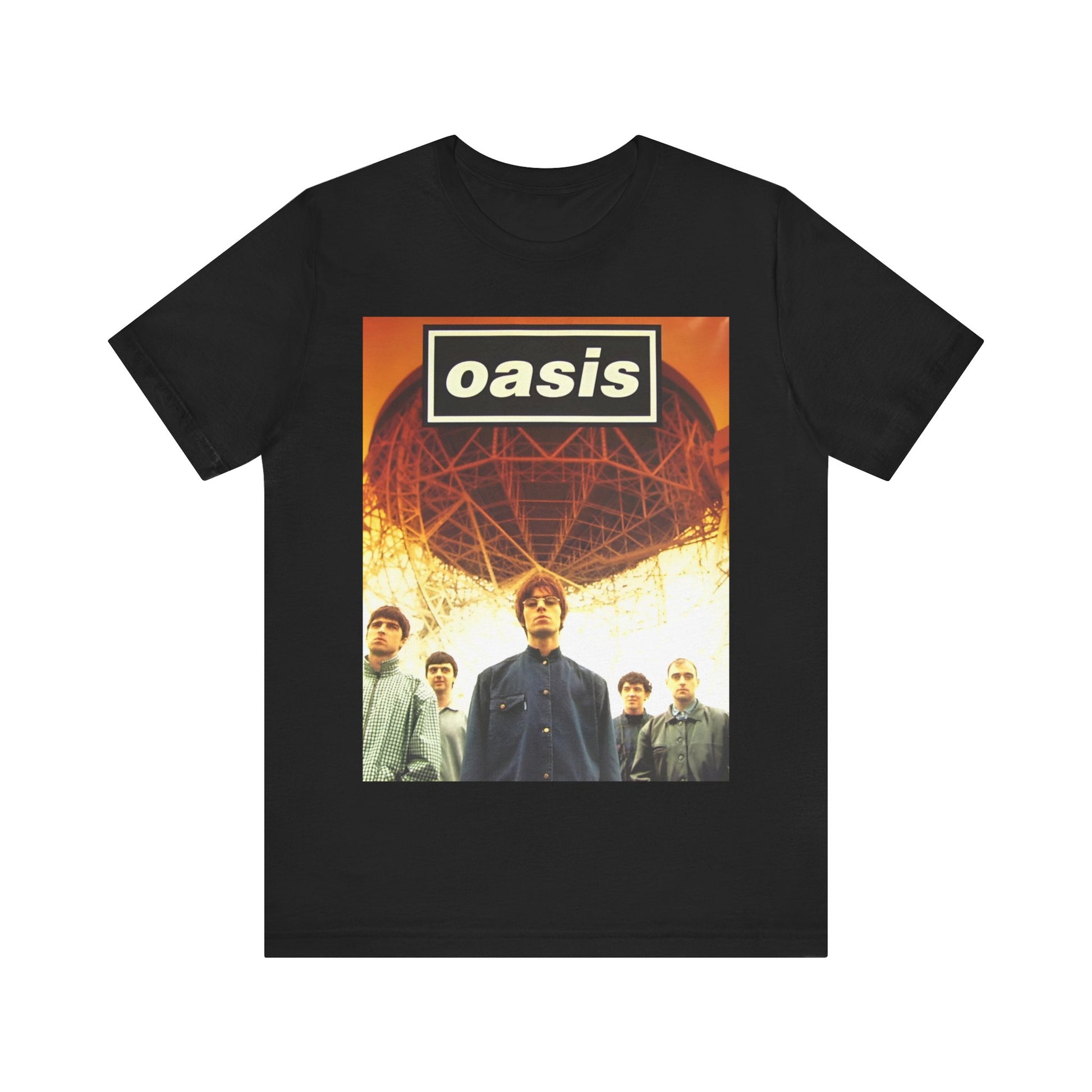 A black graphic t-shirt featuring a 90s vintage Britpop icon graphic of Oasis.