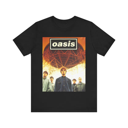 A black graphic t-shirt featuring a 90s vintage Britpop icon graphic of Oasis.