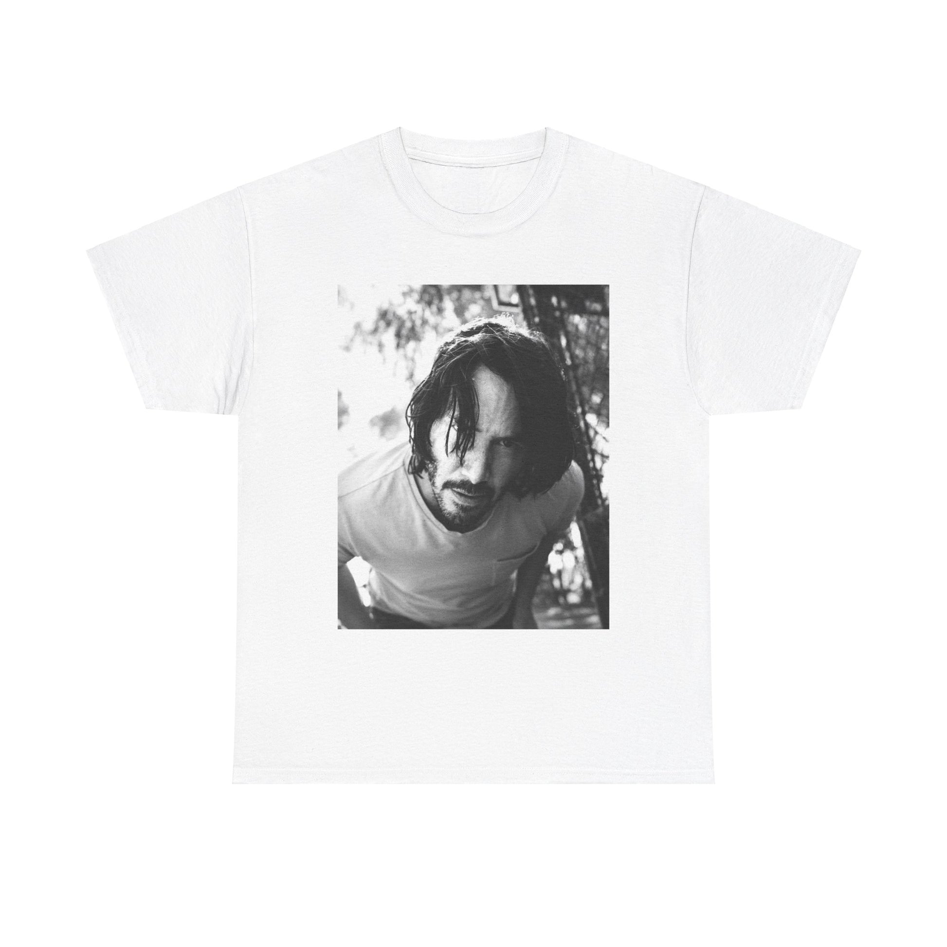 A black graphic t-shirt featuring a graphic of Keanu Reeves with authentic chill vibes.