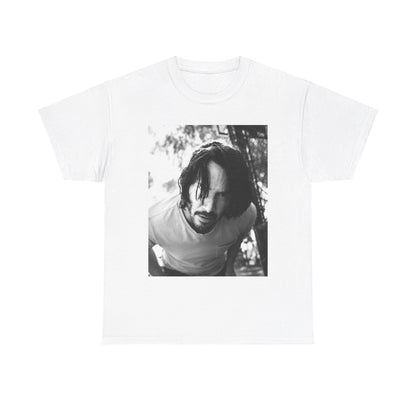 A black graphic t-shirt featuring a graphic of Keanu Reeves with authentic chill vibes.
