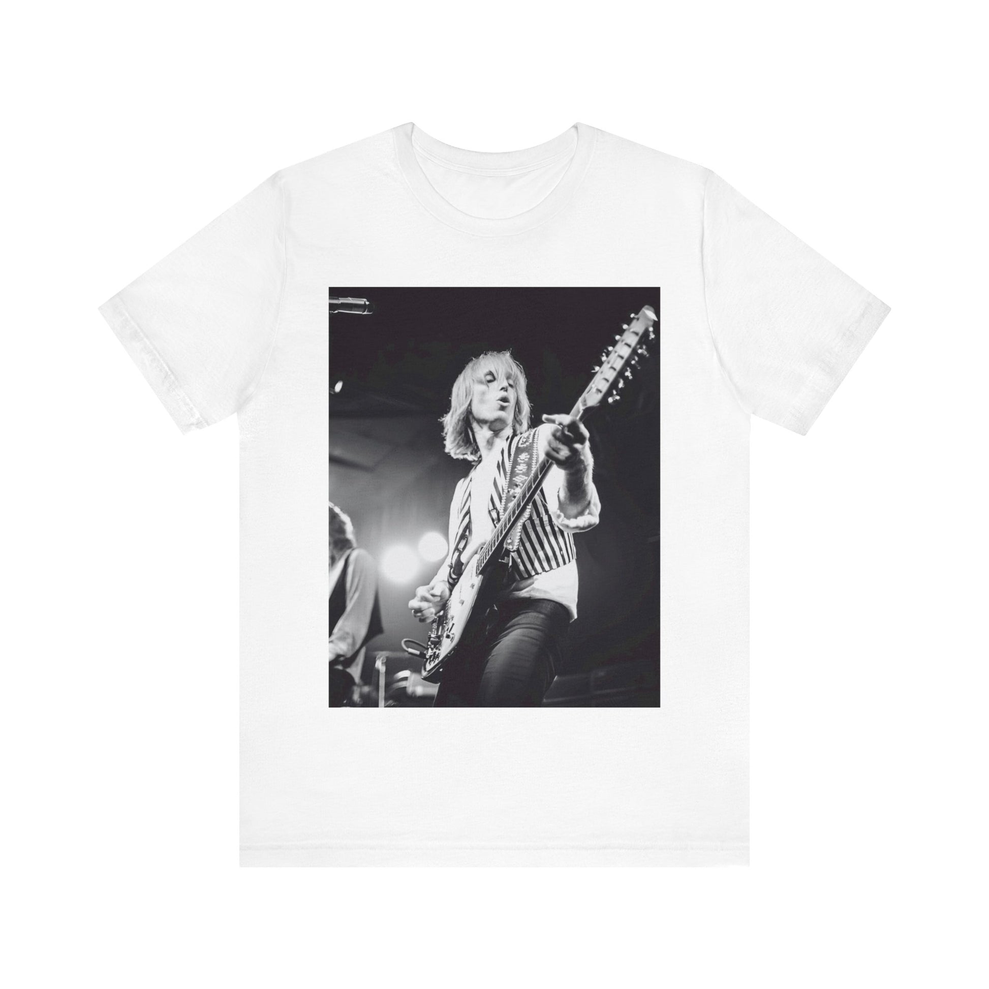 A black graphic t-shirt featuring a graphic of Tom Petty as a Rock & Roll Hall of Fame icon.