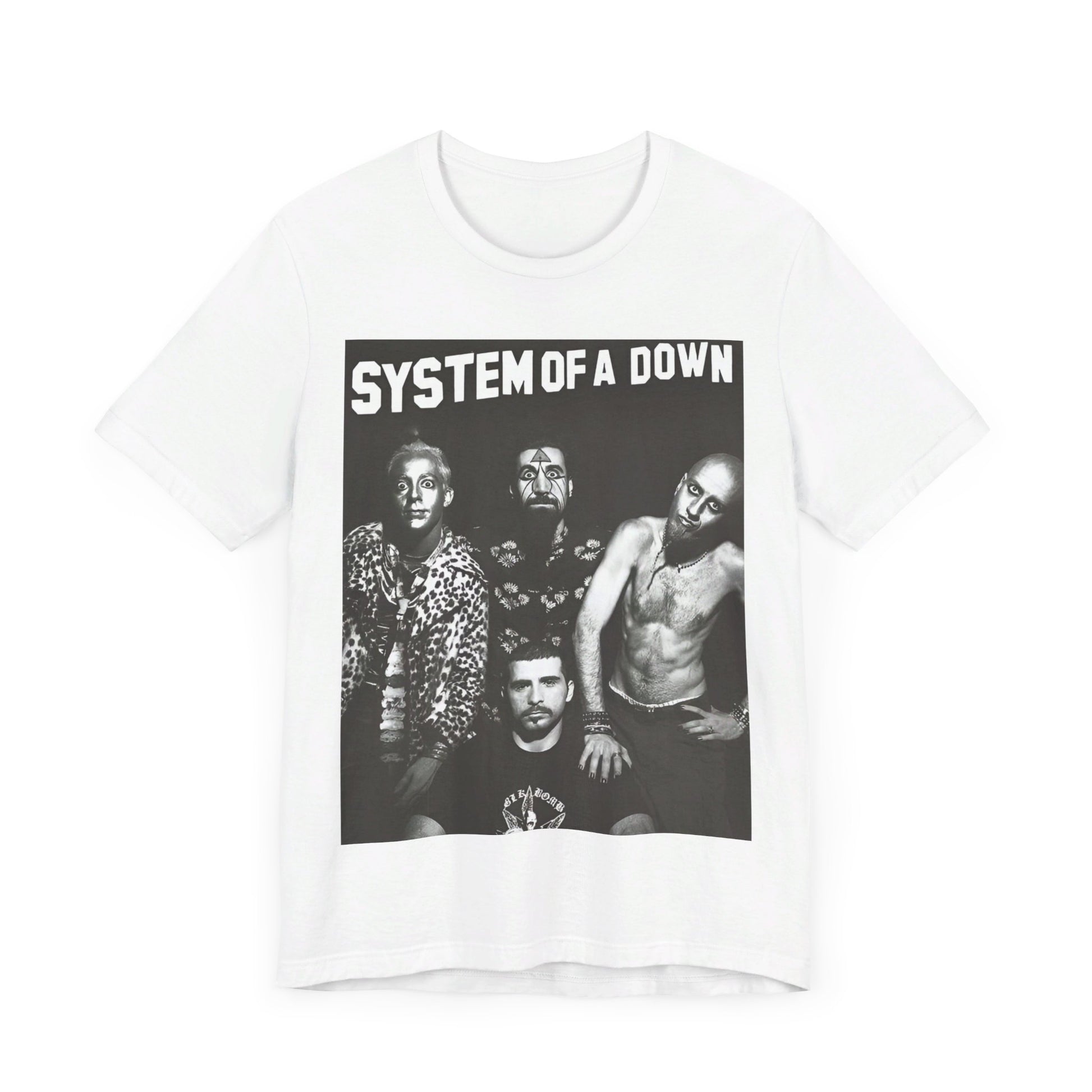 A black graphic t-shirt featuring a black and white graphic related to System of a Down's 'Chop Suey!' song or era.