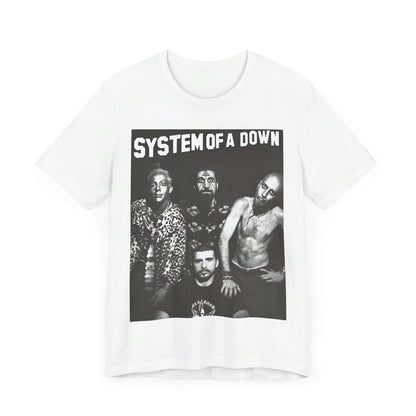 A black graphic t-shirt featuring a black and white graphic related to System of a Down's 'Chop Suey!' song or era.