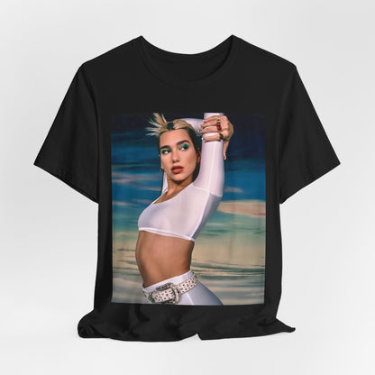 A black graphic t-shirt featuring a stylized graphic of Dua Lipa as a modern pop sensation.