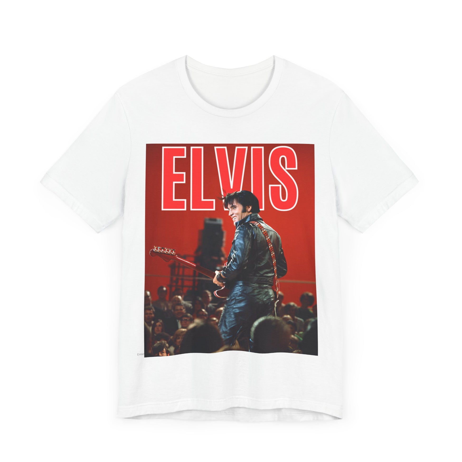 A black graphic t-shirt featuring a vintage graphic of Elvis Presley as the King of Rock 'n' Roll.