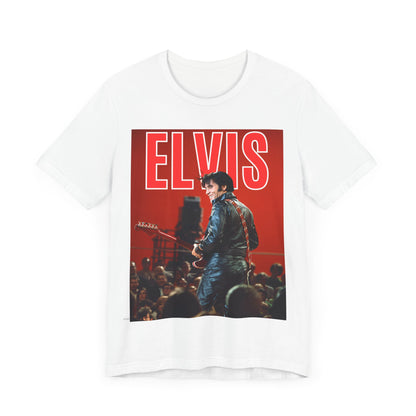 A black graphic t-shirt featuring a vintage graphic of Elvis Presley as the King of Rock 'n' Roll.