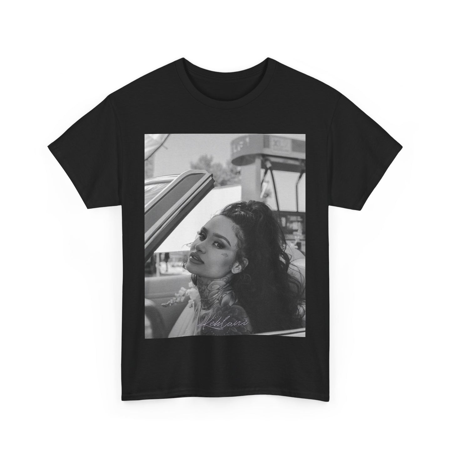 A black graphic t-shirt featuring a black and white retro photo or graphic of Kehlani.