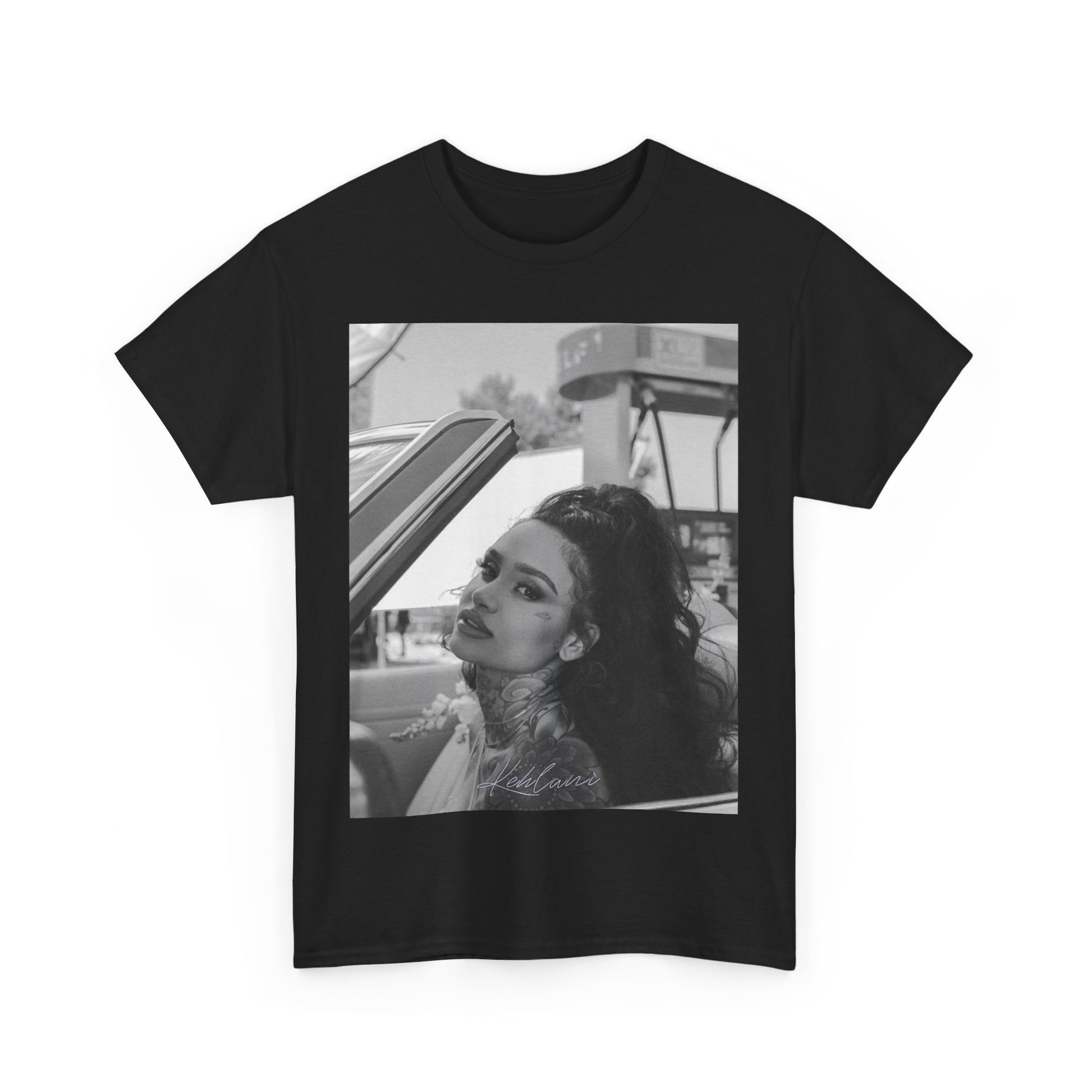 A black graphic t-shirt featuring a black and white retro photo or graphic of Kehlani.