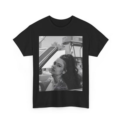 A black graphic t-shirt featuring a black and white retro photo or graphic of Kehlani.