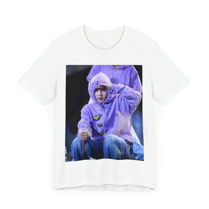 A black graphic t-shirt featuring an authentic live performance graphic of Jimin.