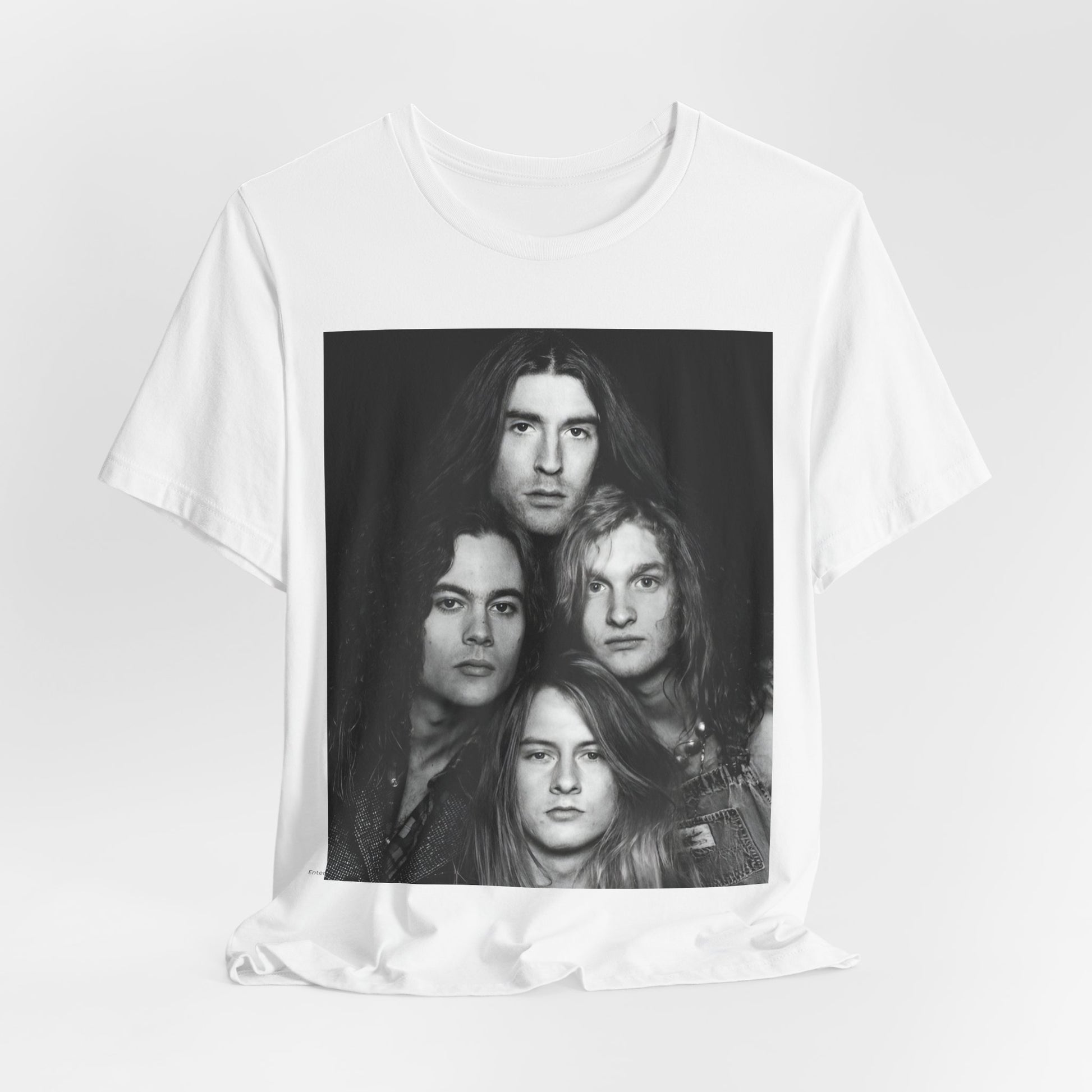A black graphic t-shirt featuring a black and white graphic related to Alice In Chains' 90s 'Facelift' album era, possibly with band members in a stylized design.
