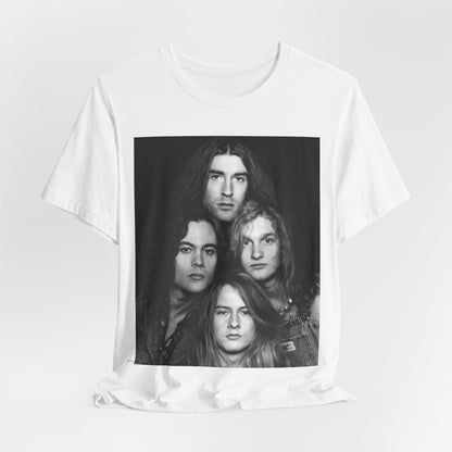 A black graphic t-shirt featuring a black and white graphic related to Alice In Chains' 90s 'Facelift' album era, possibly with band members in a stylized design.
