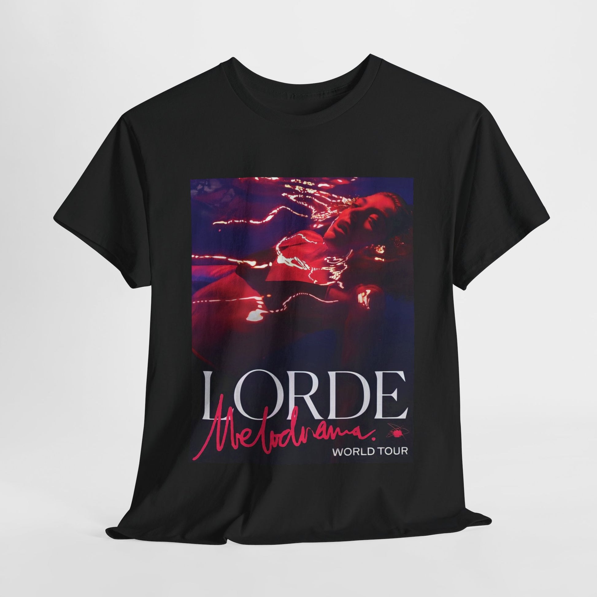 A black graphic t-shirt featuring a graphic related to Lorde's 'Melodrama' World Tour.