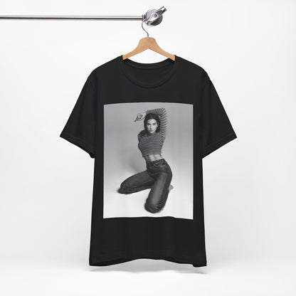 A black graphic t-shirt featuring a black and white photo of Dua Lipa in a posed manner.