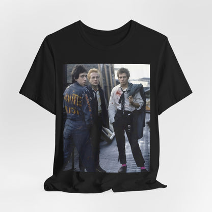 A black graphic t-shirt featuring a graphic of The Clash with a fearless attitude.