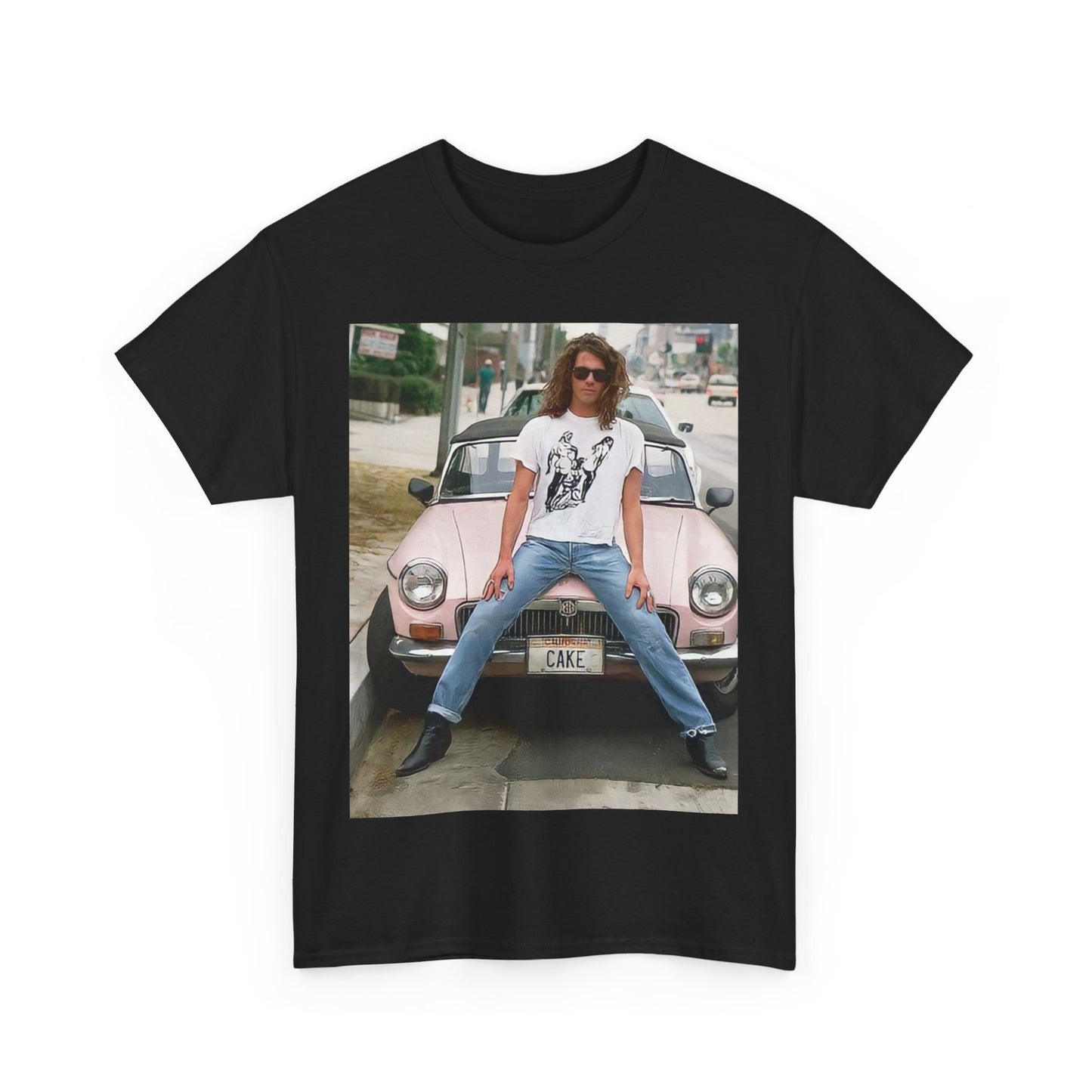 A black graphic t-shirt featuring a vintage photo of INXS band members with a classic car.