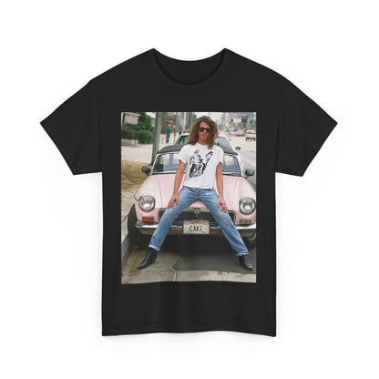 A black graphic t-shirt featuring a vintage photo of INXS band members with a classic car.