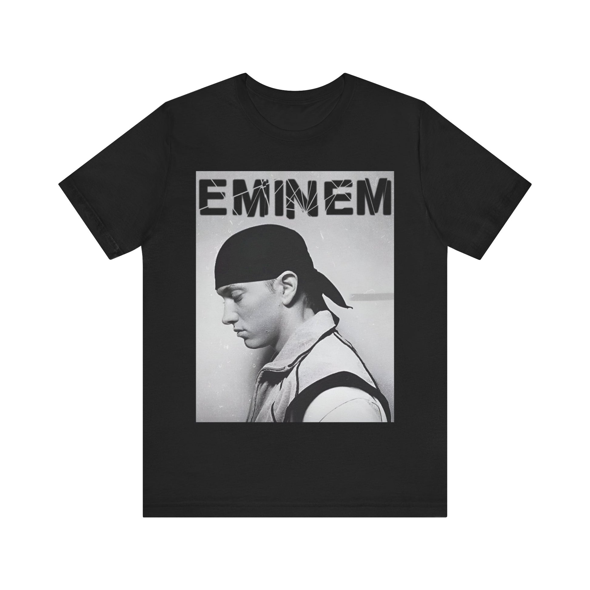 A black graphic t-shirt featuring a stylized graphic of Eminem as a modern rap legend.