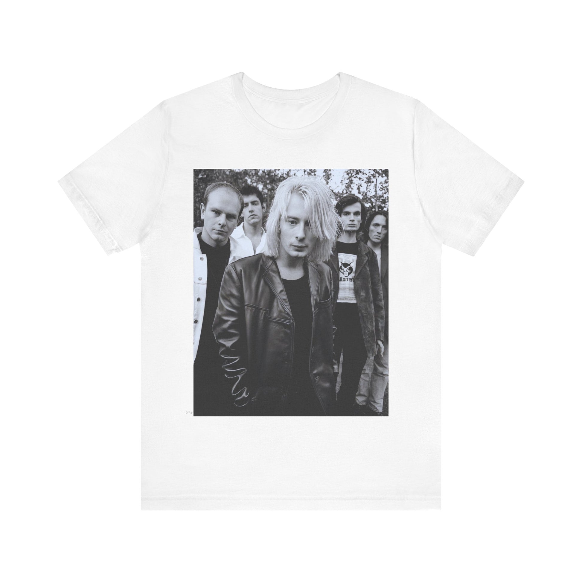 A black graphic t-shirt featuring a cool experimental rock graphic of Radiohead.