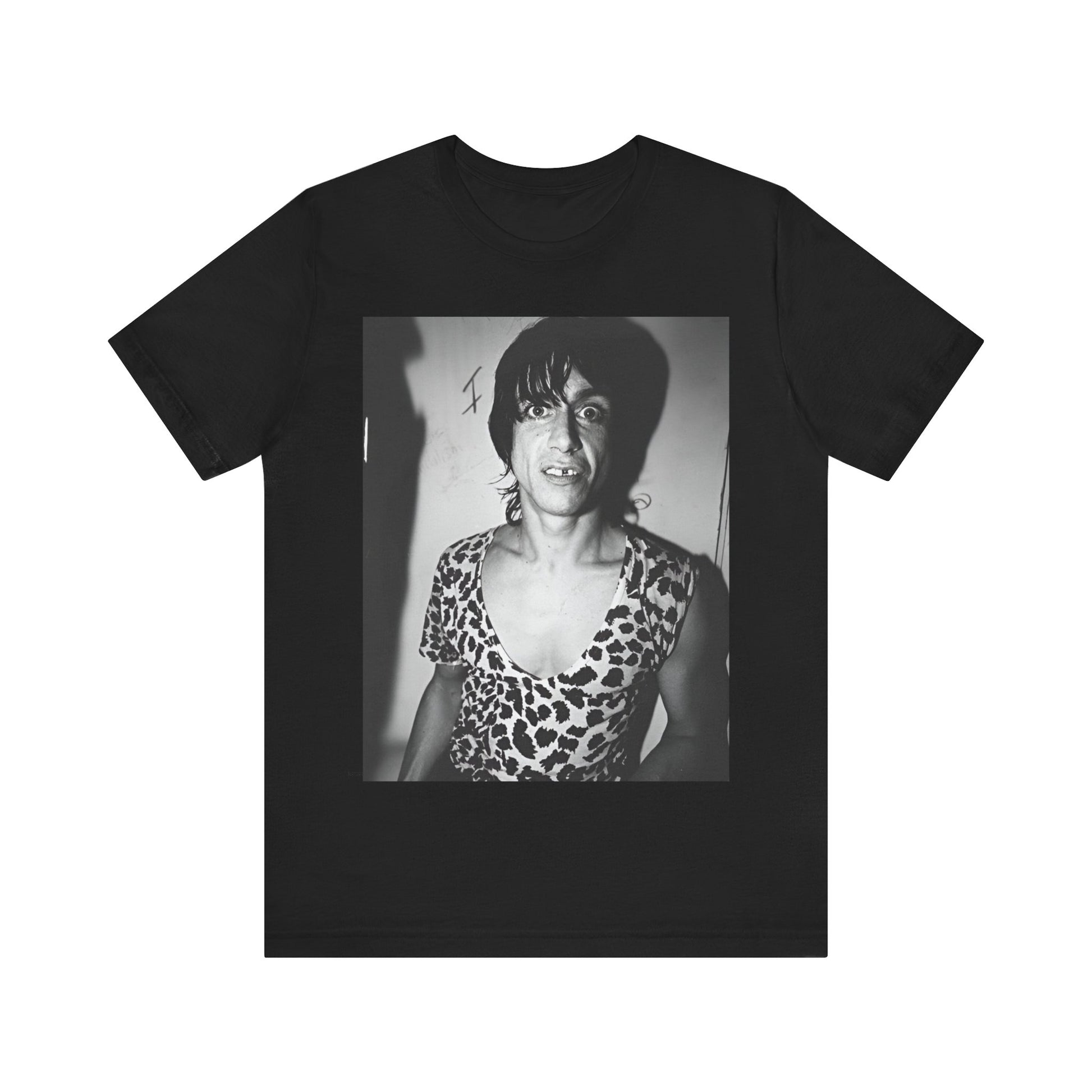 A black graphic t-shirt featuring a graphic of Iggy Pop and The Stooges in a punk style.