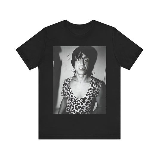 A black graphic t-shirt featuring a graphic of Iggy Pop and The Stooges in a punk style.