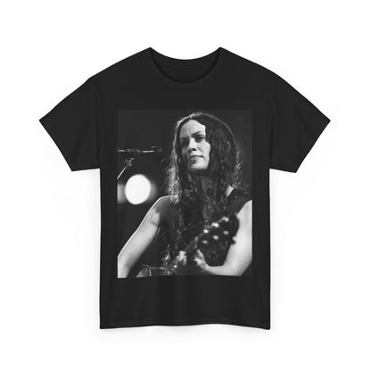 A black graphic t-shirt featuring a 90s-style graphic of Alanis Morissette playing a guitar, with a dynamic expression.