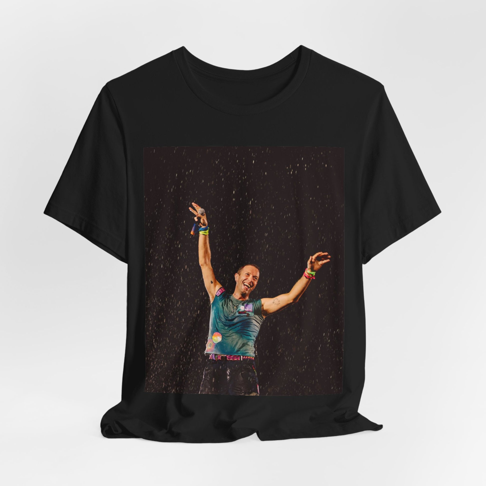 A black graphic t-shirt featuring a graphic related to Coldplay's song 'Fix You'.