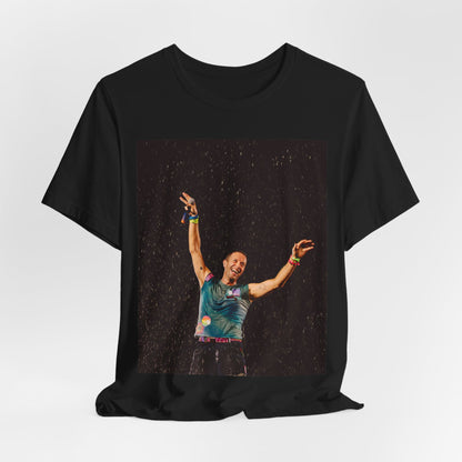 A black graphic t-shirt featuring a graphic related to Coldplay's song 'Fix You'.