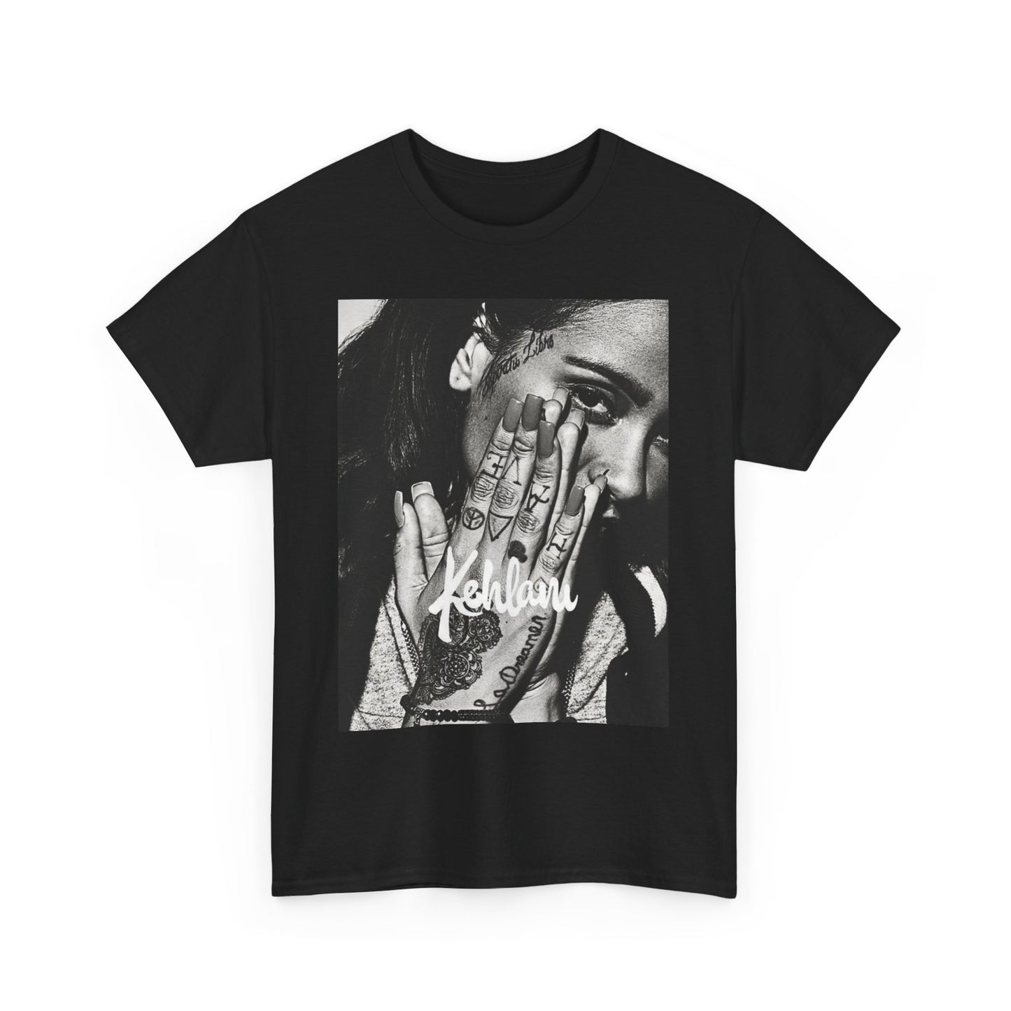 A black graphic t-shirt featuring a casual R&B fan graphic of Kehlani.