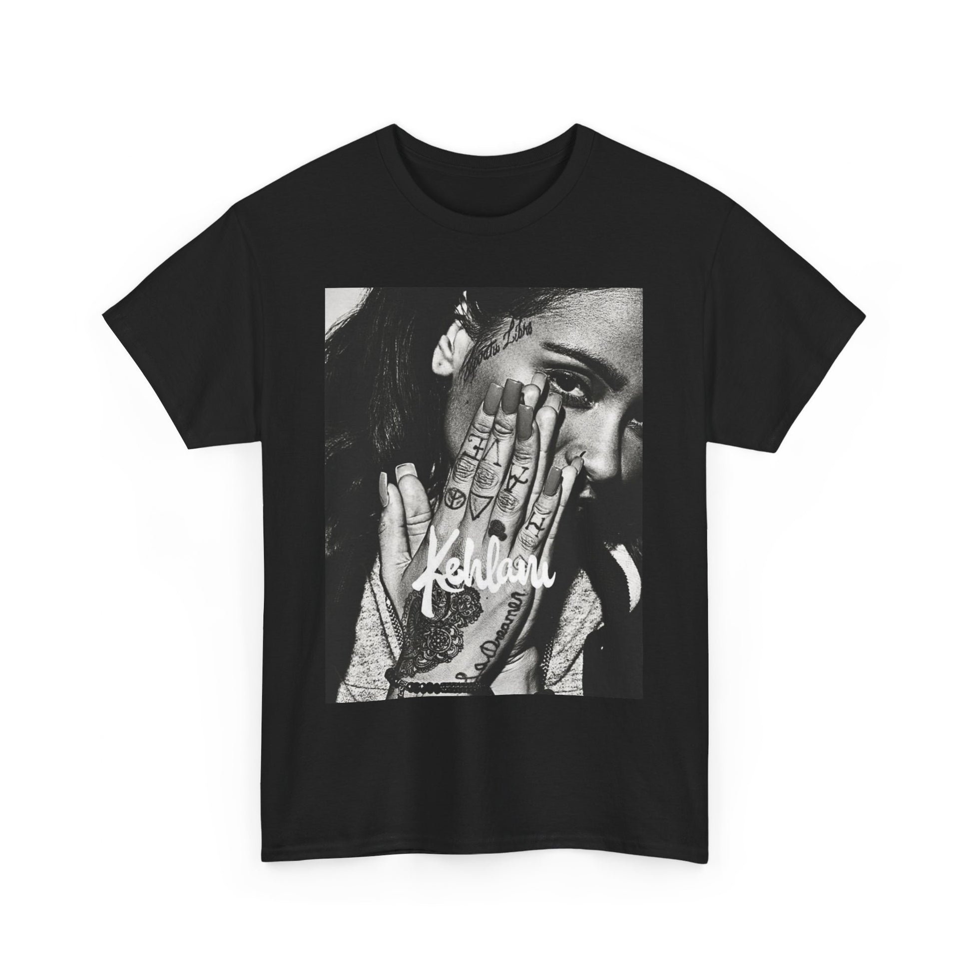 A black graphic t-shirt featuring a casual R&B fan graphic of Kehlani.