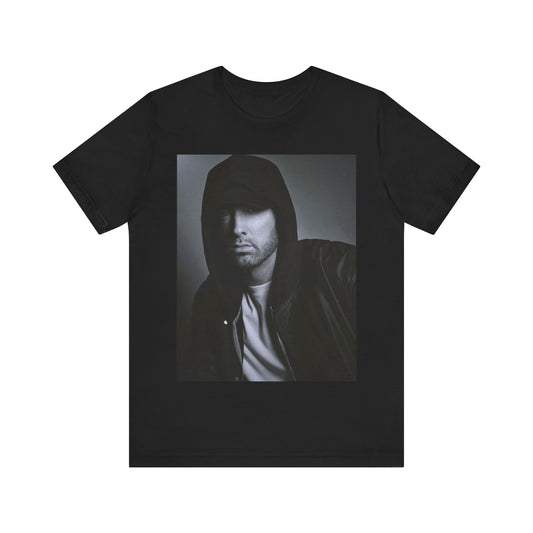 A black graphic t-shirt featuring a black and white, monochrome graphic or photo of Eminem.