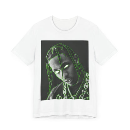 A black graphic t-shirt featuring a retro graphic related to Travis Scott's 'Sicko Mode' song or era.