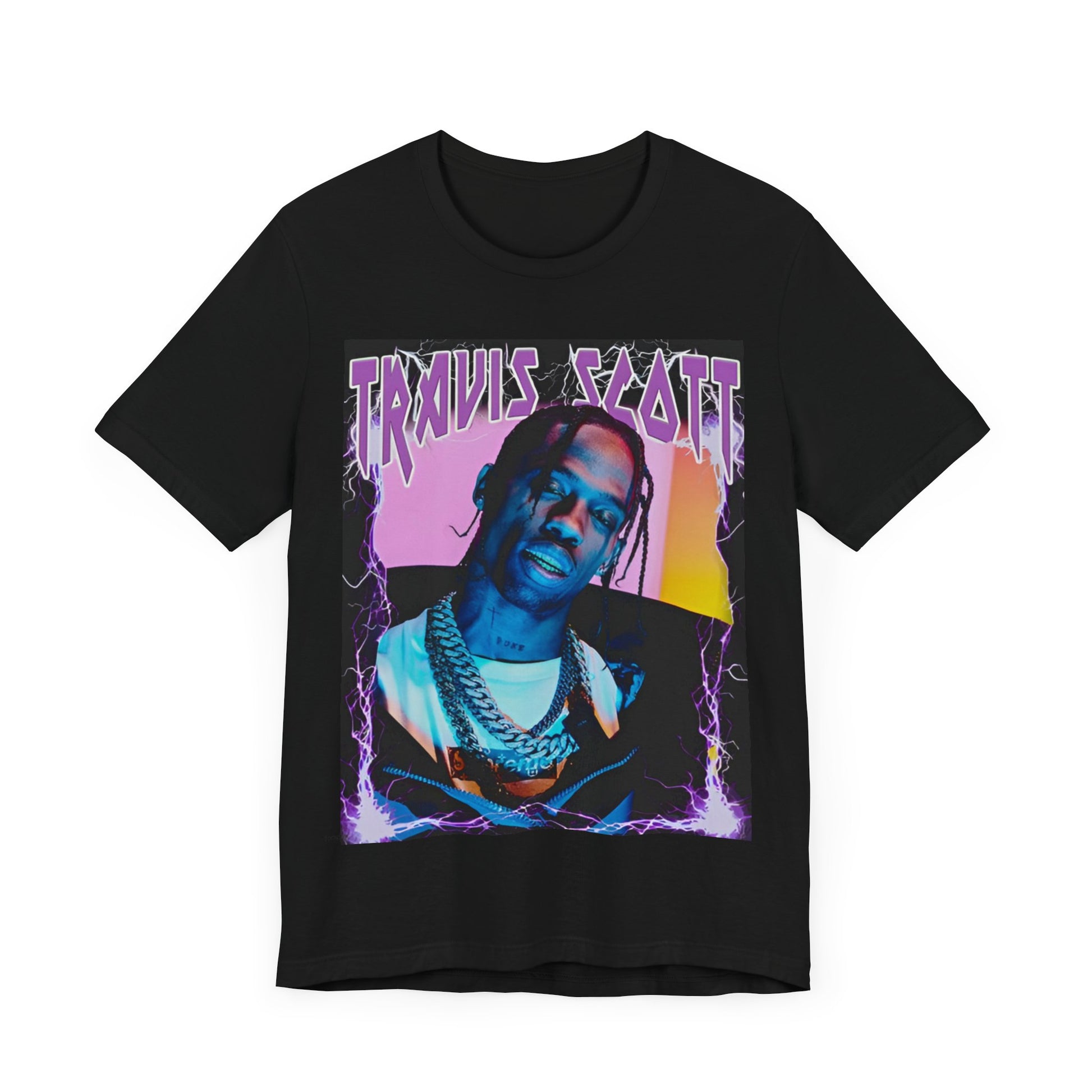 A black graphic t-shirt featuring a retro bootleg graphic of Travis Scott.