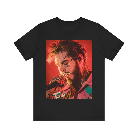 A black graphic t-shirt featuring a graphic of Post Malone in a tattoo art style.