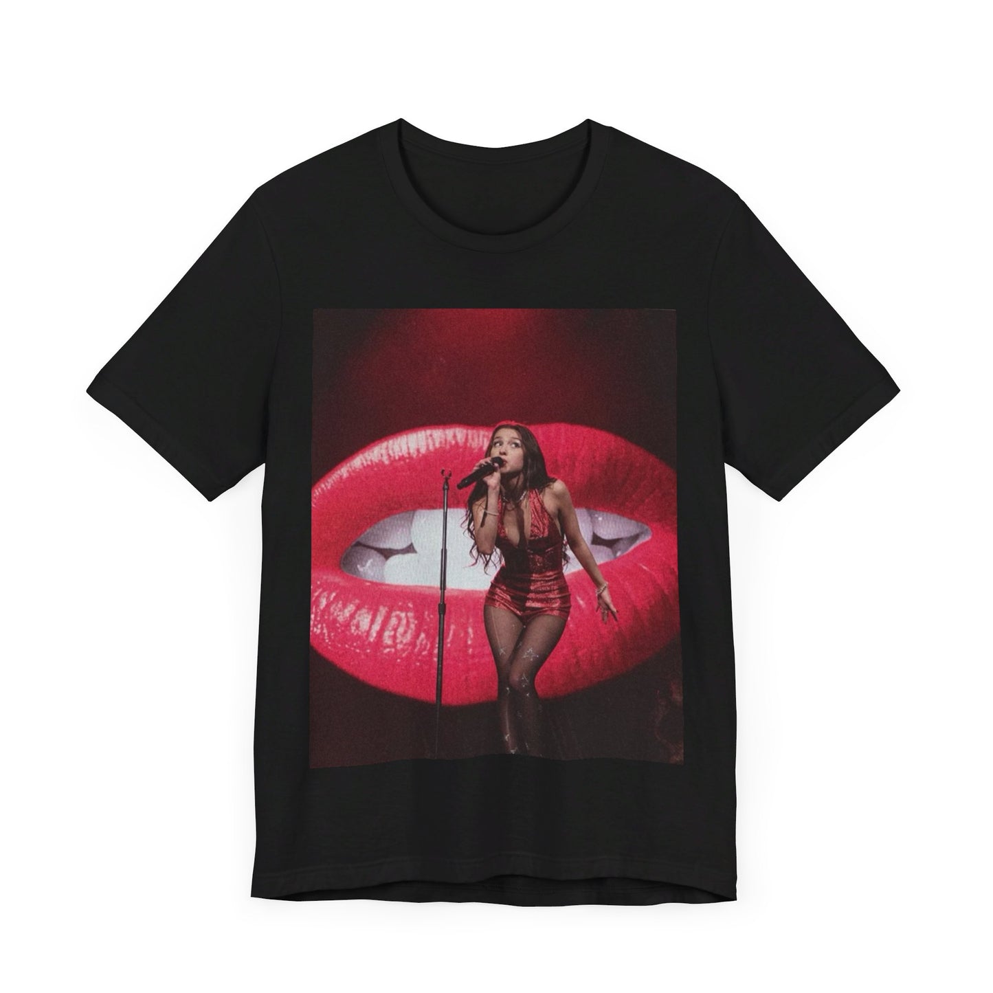 A black graphic t-shirt featuring a graphic or photo of Olivia Rodrigo performing live.