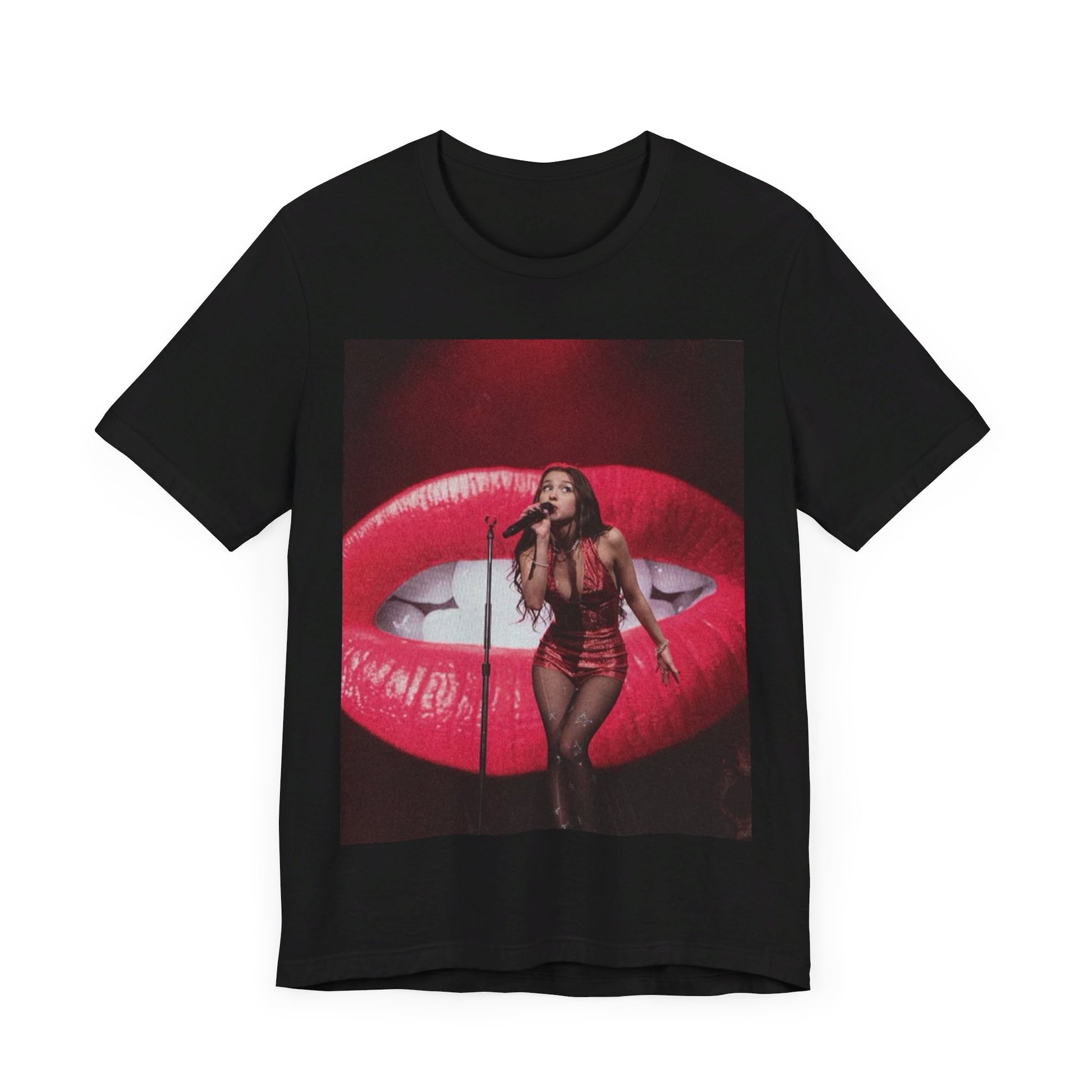 A black graphic t-shirt featuring a graphic or photo of Olivia Rodrigo performing live.