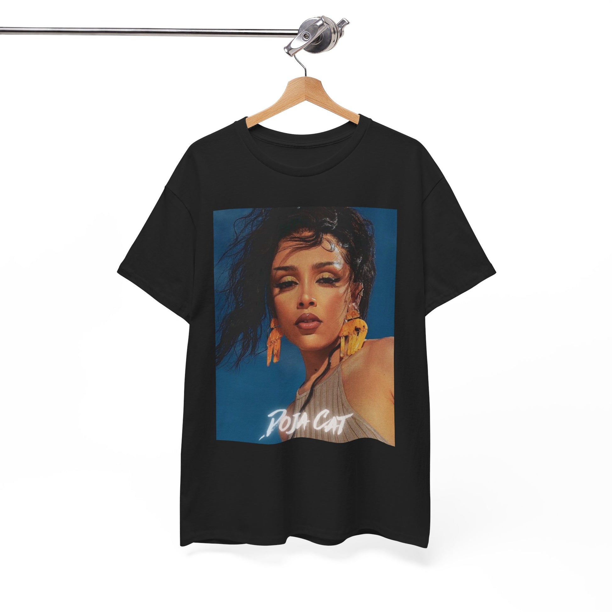 A black graphic t-shirt featuring a graphic of Doja Cat, evoking her 'Streets' era aesthetic.
